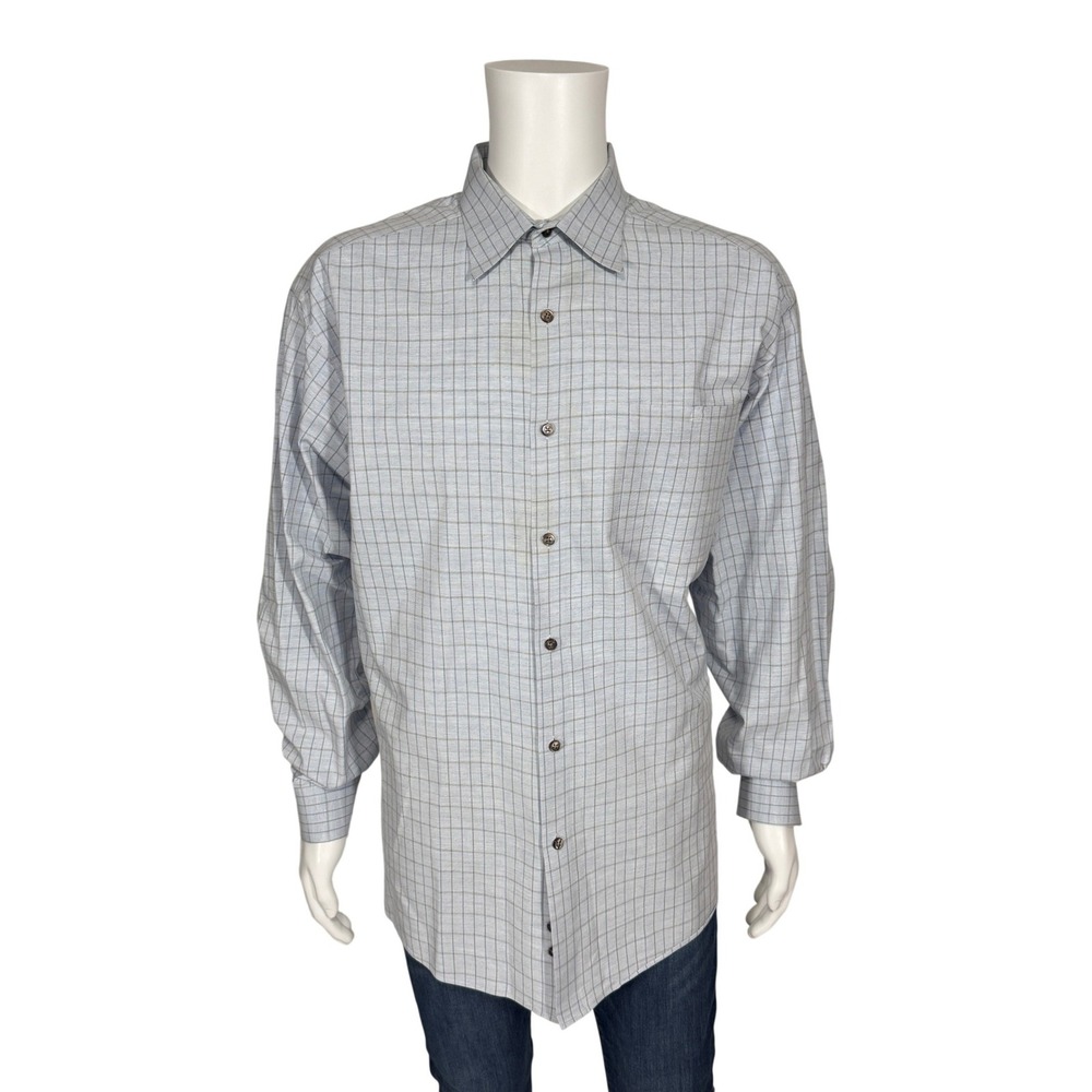 Talbots Mens XL Button Down Shirt Light Blue Grey Grid Plaid 100% Cotton